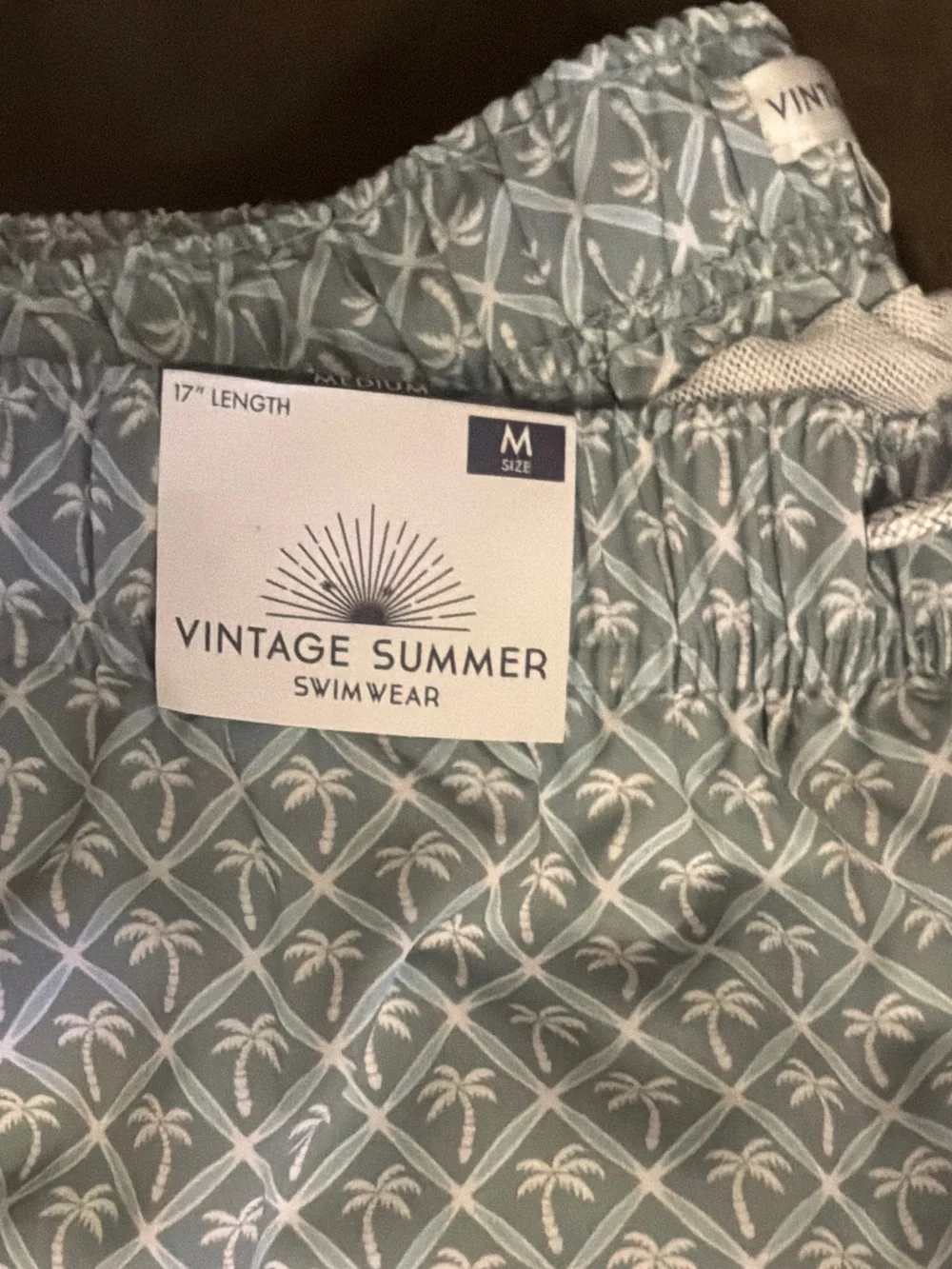 Men's Light Sage Palm-Print Swim Trunks with Drawstring